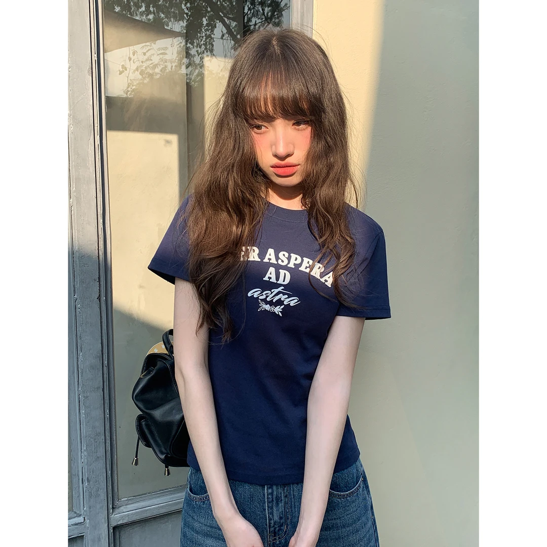 你好卡农 简约撞色字母印花修身短袖t恤女夏2025新款圆领正肩上衣