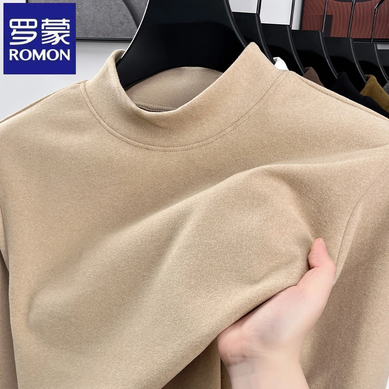 罗蒙纯色百搭半高领阳离子德绒卫衣男秋冬季新款修身套头打底衫男