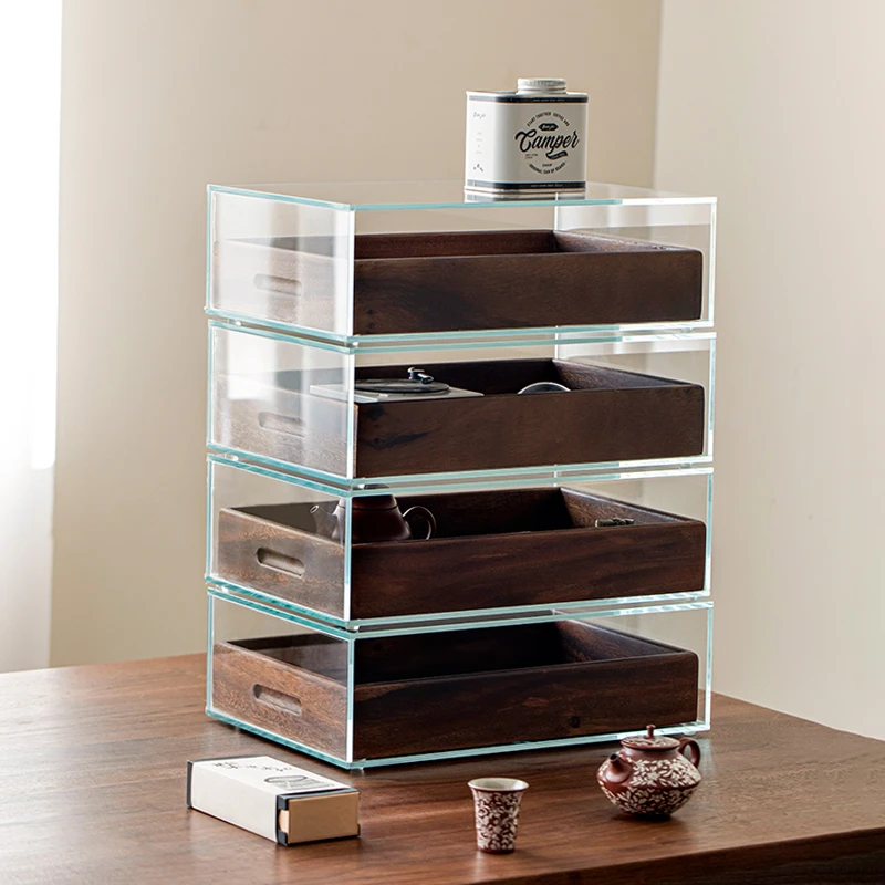 赞朴高档置物柜南美胡桃木玻璃展示柜四层抽屉茶具茶杯家用收纳盒