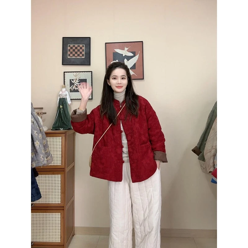 新中式拜年服国风盘扣夹棉棉服女秋冬高级感超好看红色喜庆厚外套