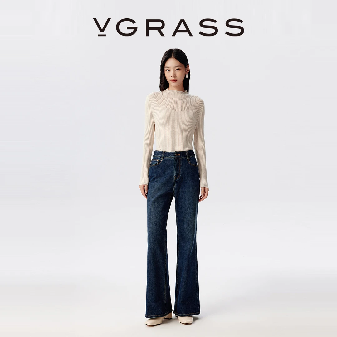 VGRASS25秋冬新款百搭时髦温暖加绒休闲喇叭裤牛仔裤女