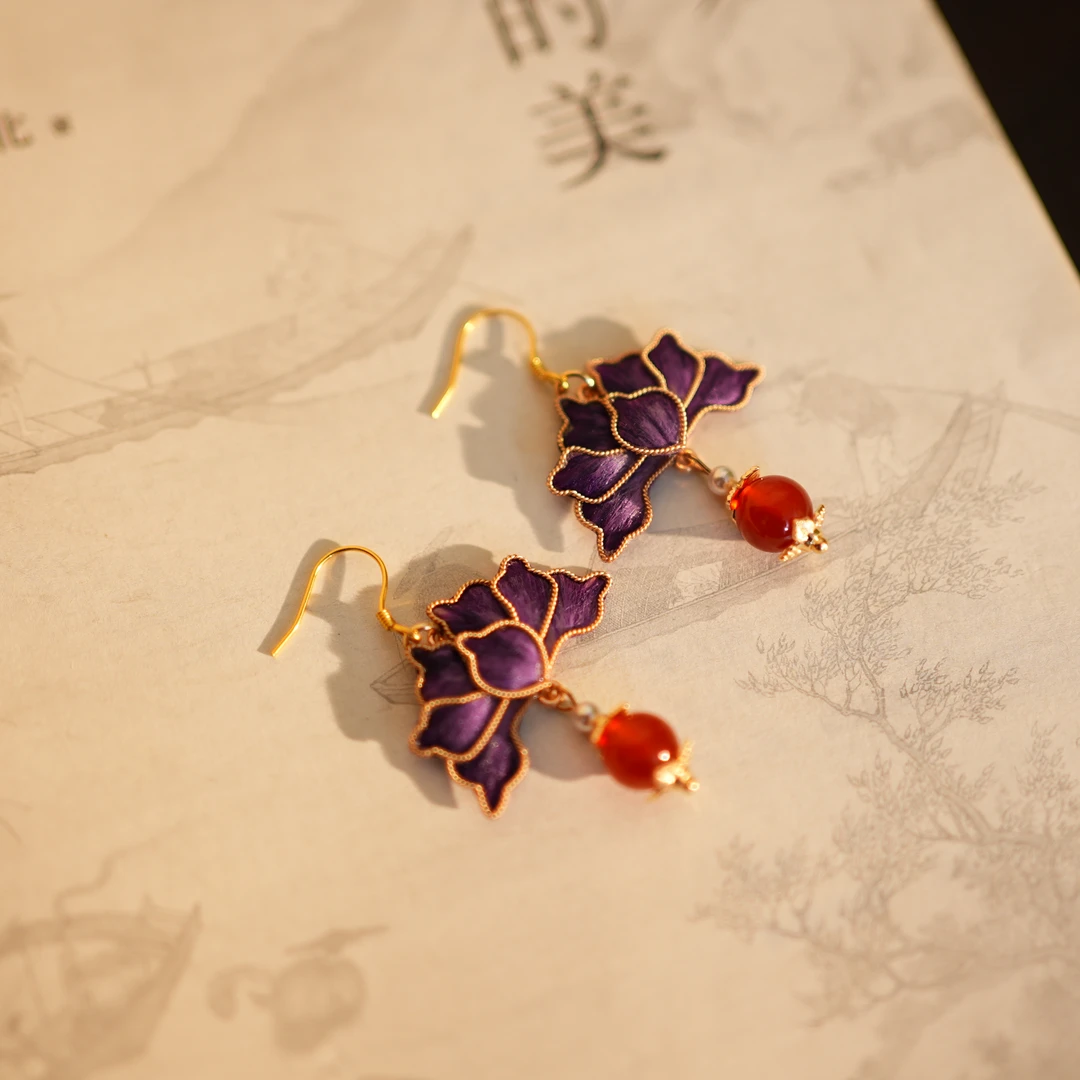 非金属布艺耳饰 【莲花耳饰】紫色 绒花工艺 国风仙女礼品