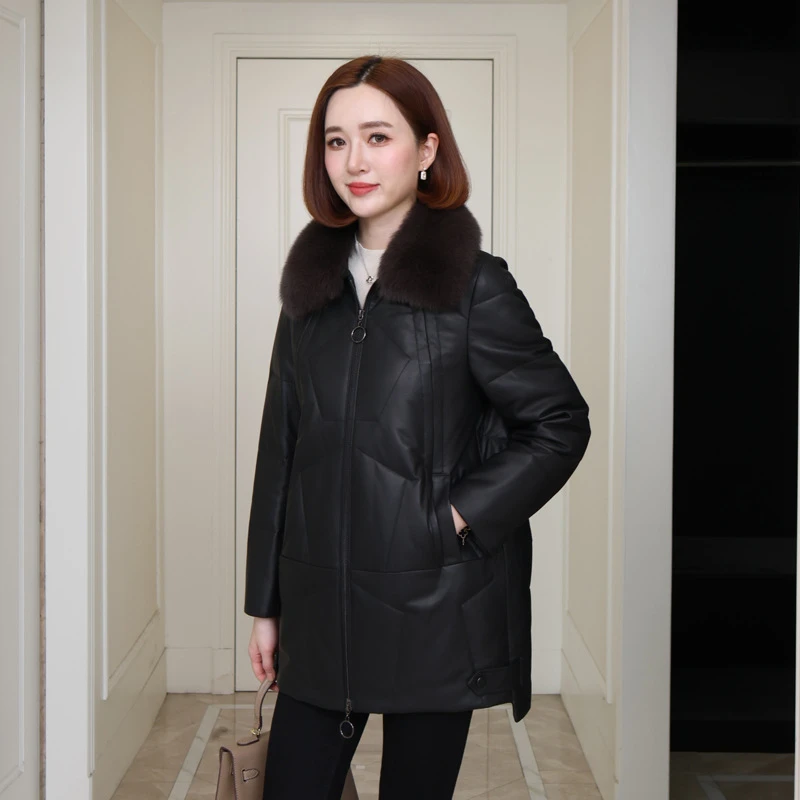 真皮绵羊皮皮衣女中长款皮衣外套头层绵羊皮狐狸毛领真皮保暖外套