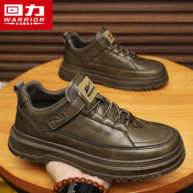 回力男鞋冬季新款皮面厚底防水防滑低帮休闲板鞋男上班开车平底鞋