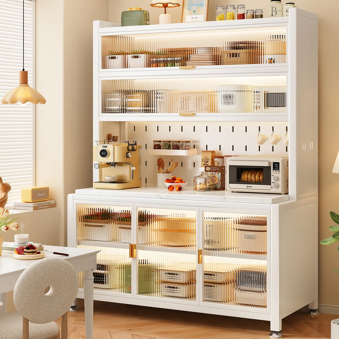 厨房靠墙储物柜置物架新中式现代轻奢微波炉电器多功能橱柜餐边柜