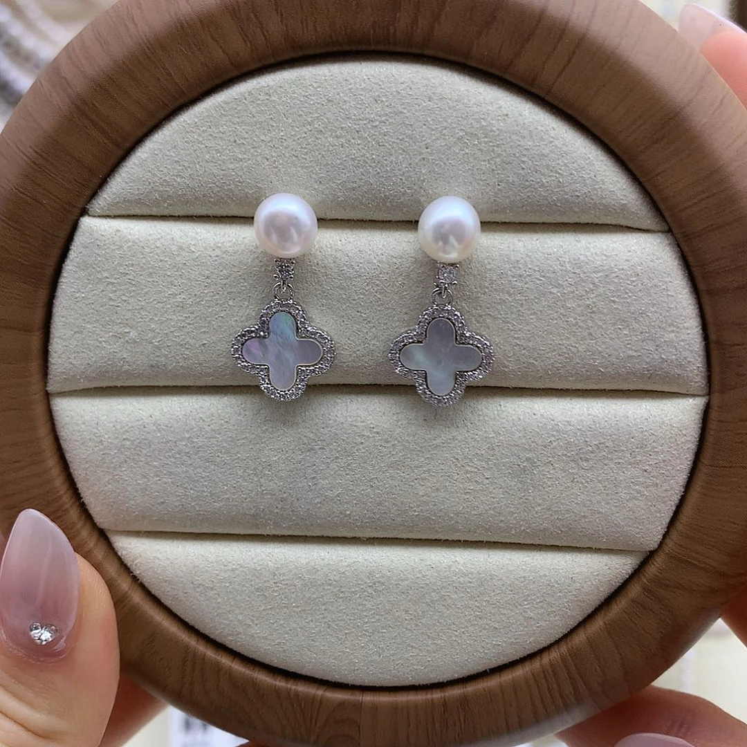 淡水珍珠银S925镶嵌耳饰