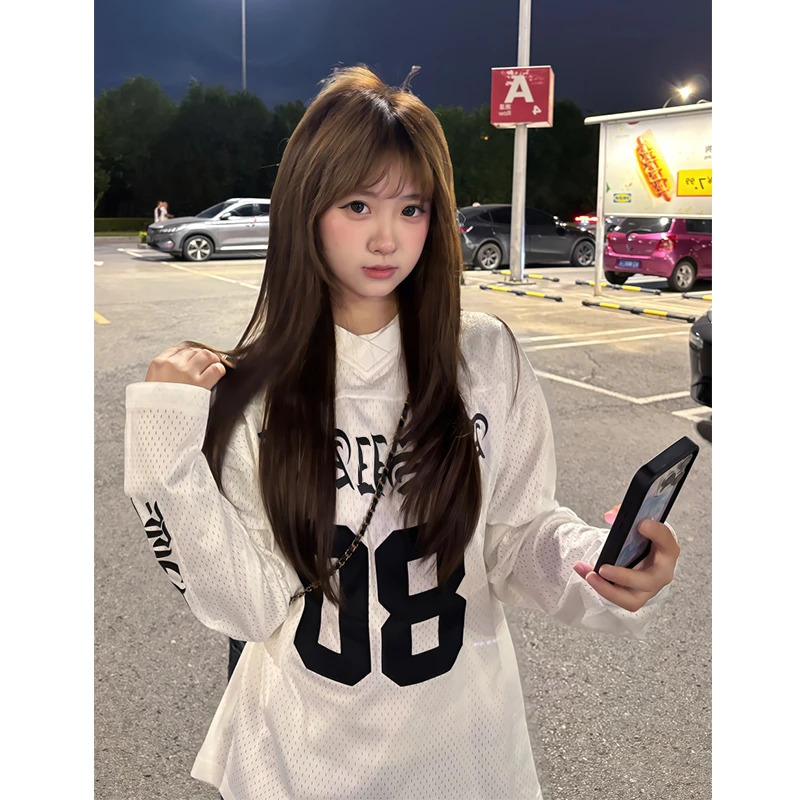 【珂塔芙】运动球衣长袖女早秋穿搭速干网眼印花t恤休闲百搭上衣潮