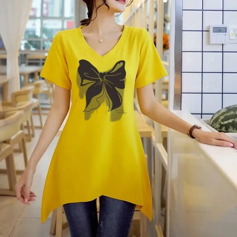 韩版休闲不规则V领短袖T恤女夏季2025新款大码中长款潮流半袖上衣