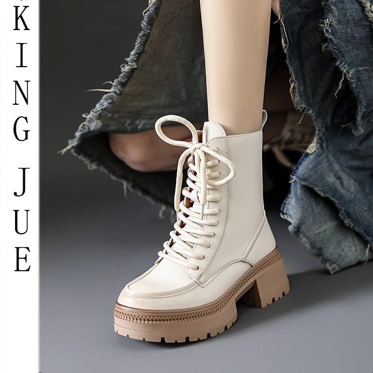 【王爵】真皮短筒马丁靴英伦风粗跟厚底米白色中筒裸靴秋冬加绒短靴