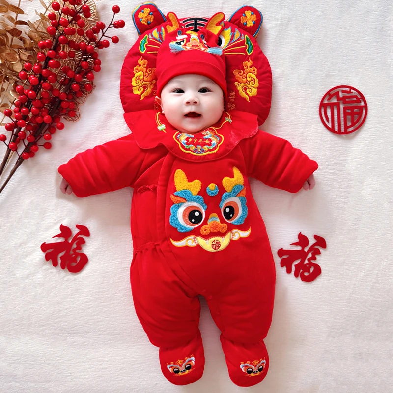 喜庆新年满月百天宝宝冬款棉服婴儿包脚连体衣夹棉加厚哈衣5368