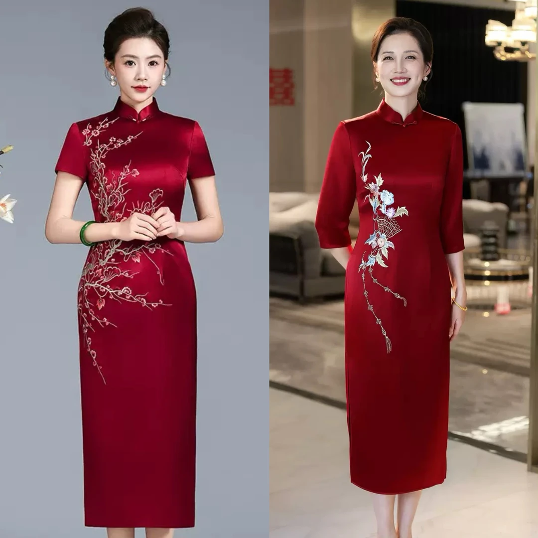 【正品苏绣】国风旗袍三醋酸中式改良喜婆婆婚宴礼服喜妈妈敬酒服L