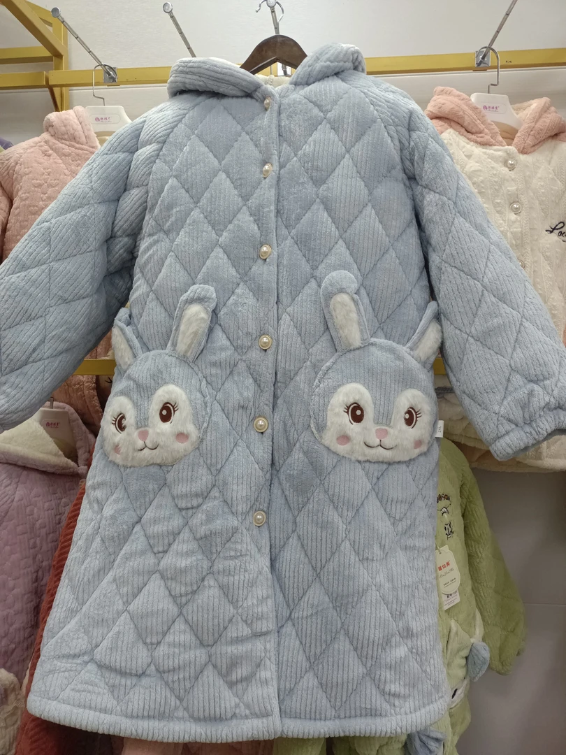 三层夹棉加厚睡衣女款长款套装