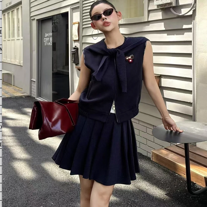 原创2025春时尚百搭圆领无袖背心上衣高腰半身裙两件套C5087