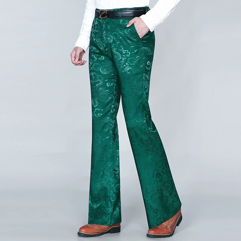 夏季冰丝龙纹喇叭裤男轻奢国潮弹力薄款大脚西裤民族风中国龙男裤