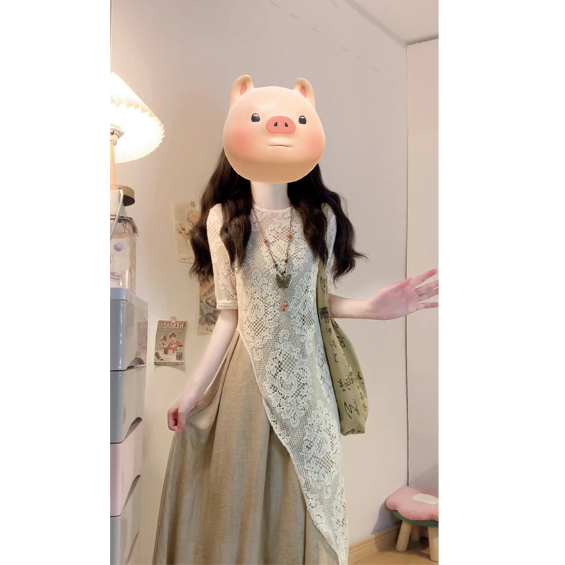 大码夏季2025新款蕾丝不规则上衣罩衫长款吊带裙洋气显瘦遮肉穿搭