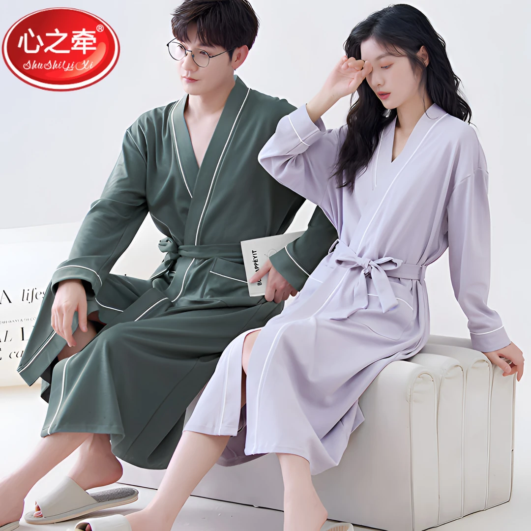 2025年新款长袖睡袍男100%纯棉春秋季情侣中长款浴袍全棉女款睡衣