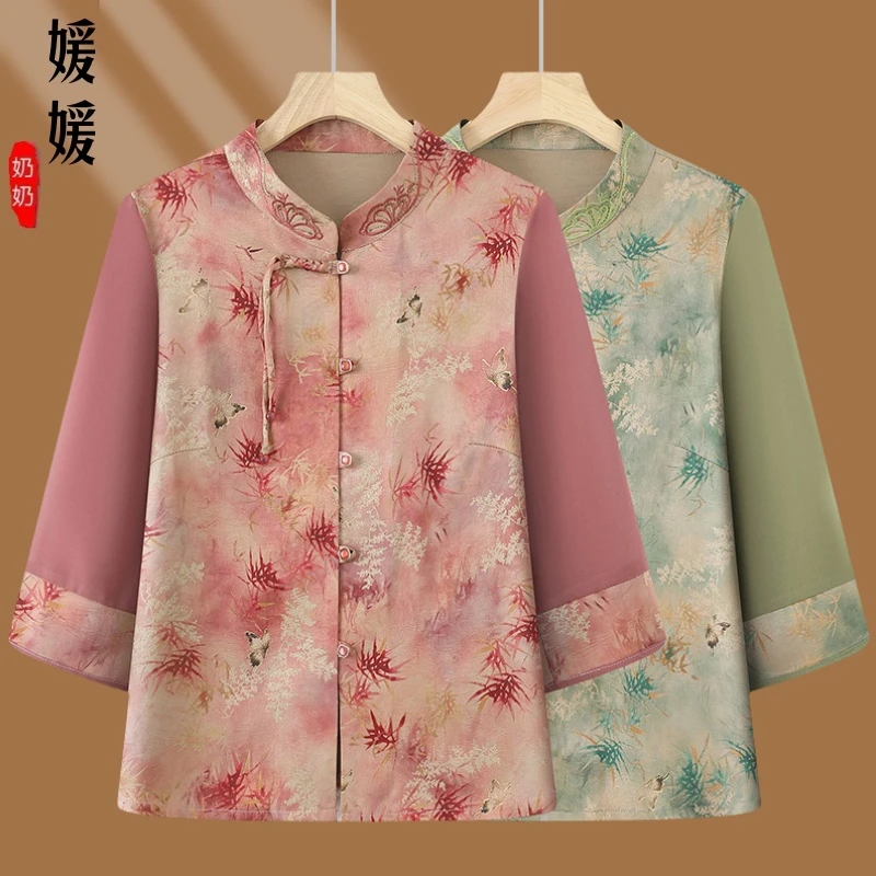 中老年夏季新款七分衬衫衬衣印花妈妈新品时尚洋气中式上衣中国风