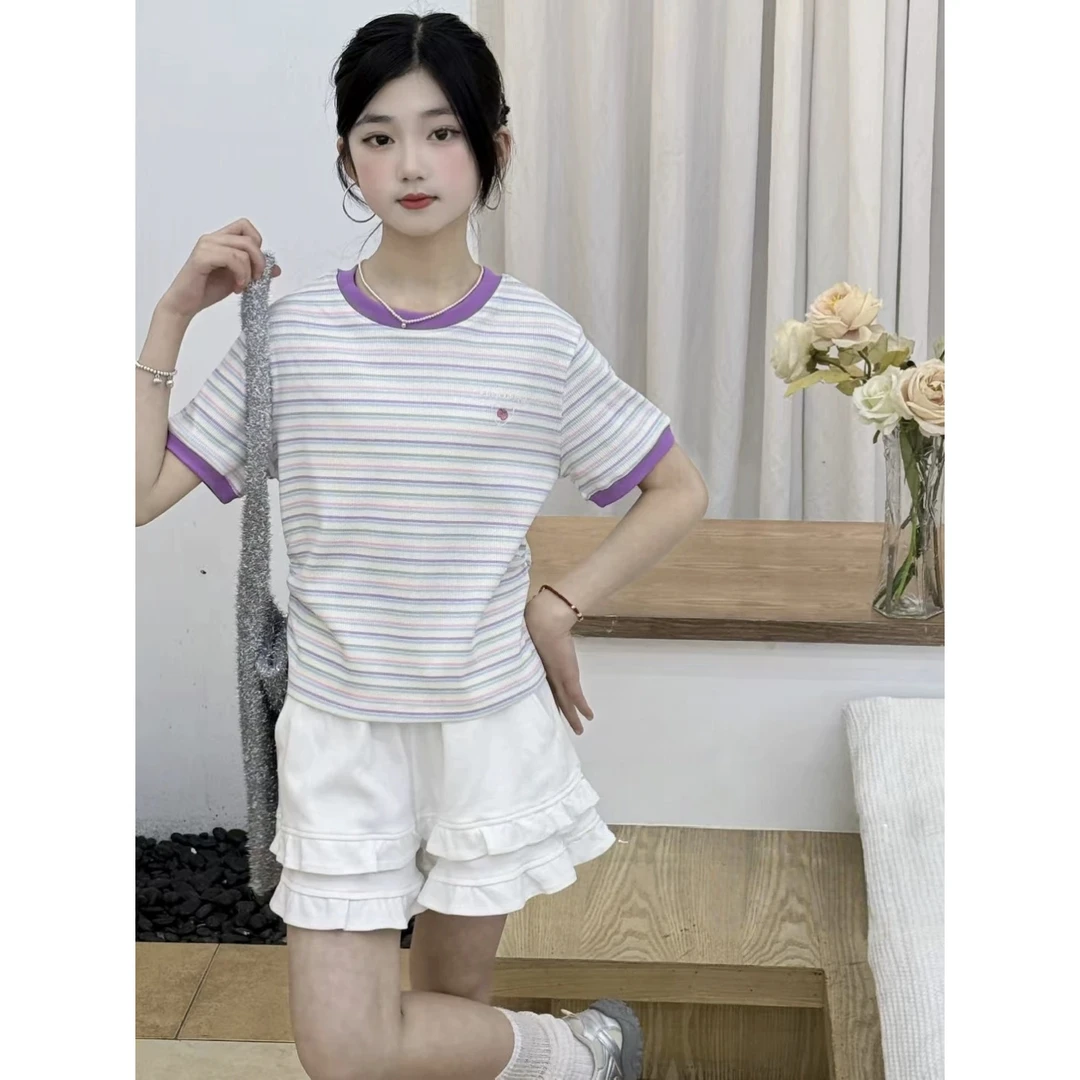 【清货】2025夏洋气刺绣条纹拼色短袖T恤(95%棉) D538 538 M