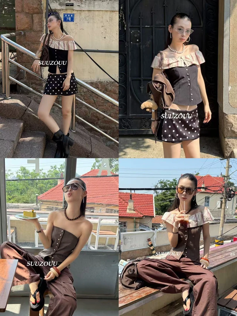 馒头（1mtc330#）一字肩的 条纹拼接无袖T恤 7-9