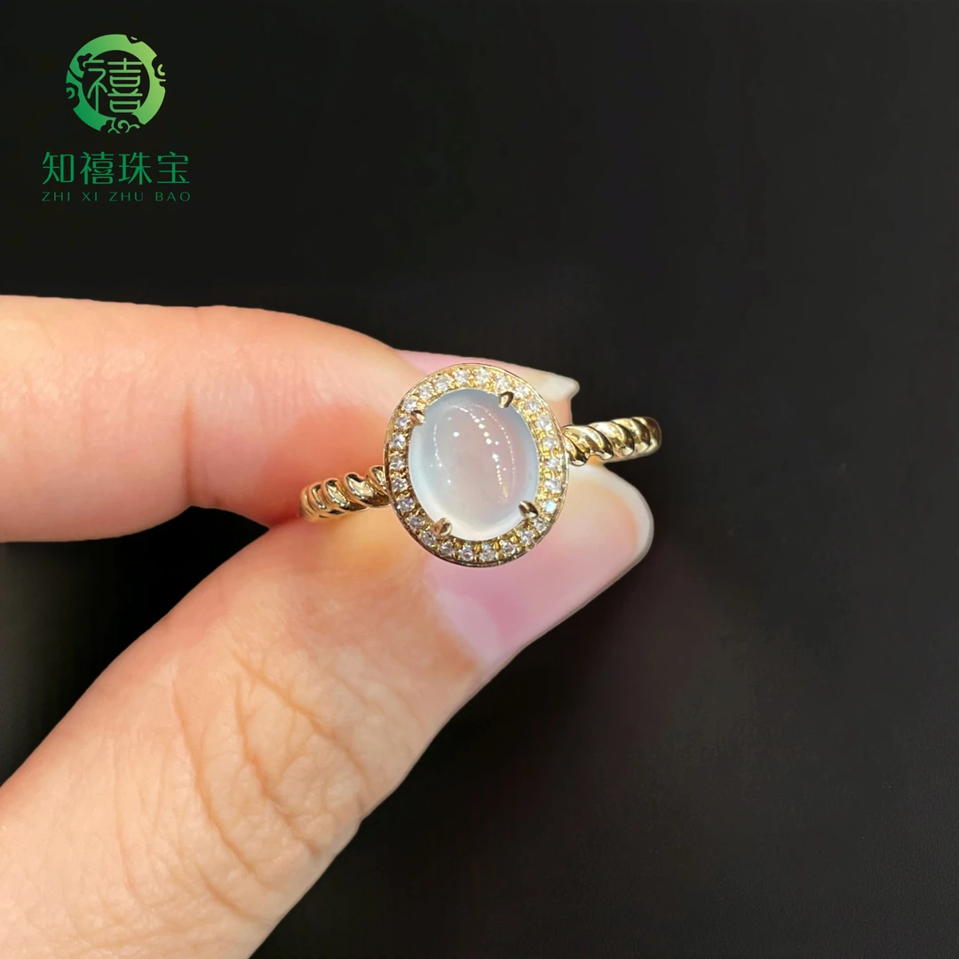 【知禧】天然缅甸A货翡翠18K金镶嵌高冰种白冰蛋面戒指气质时尚百搭