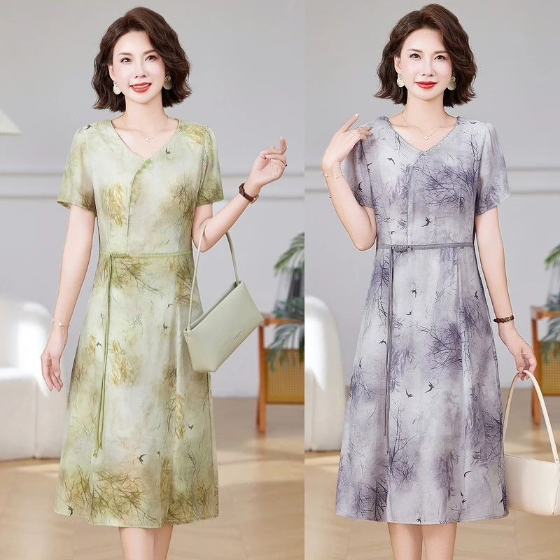 专柜品质 2025新款中老年妈妈装连衣裙女高贵时尚短袖夏装裙子