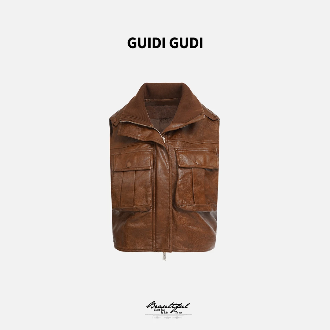 GUIDI GUDI【接头人】秀场女人味皮马甲外套/黄加蓝