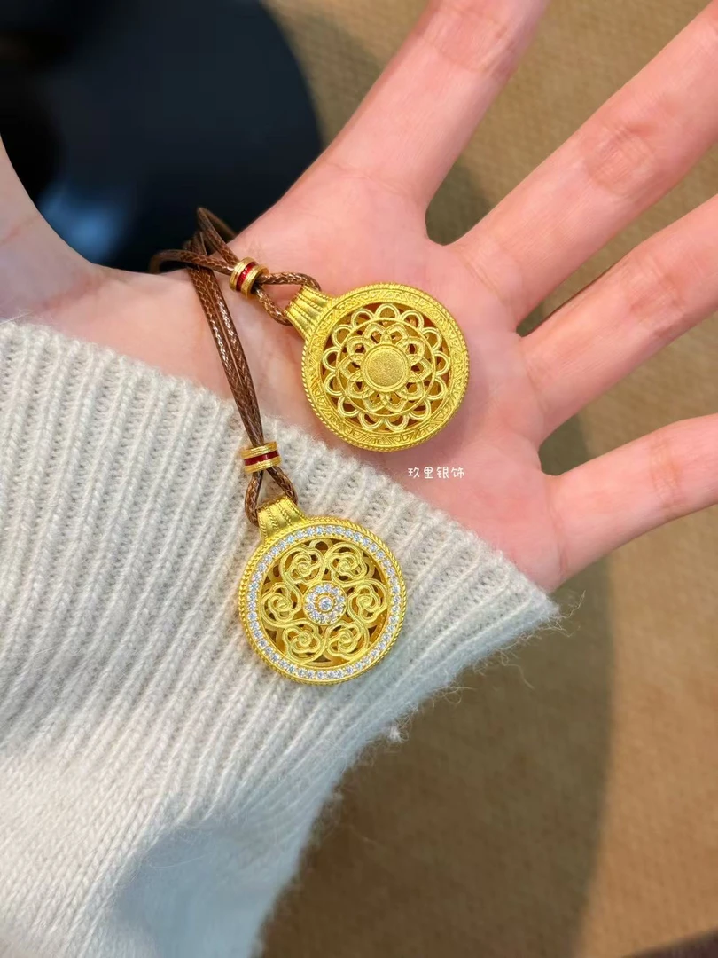 吊坠足银 足银描金罗盘吊坠毛衣链新中式精致吊坠送女友闺蜜生日