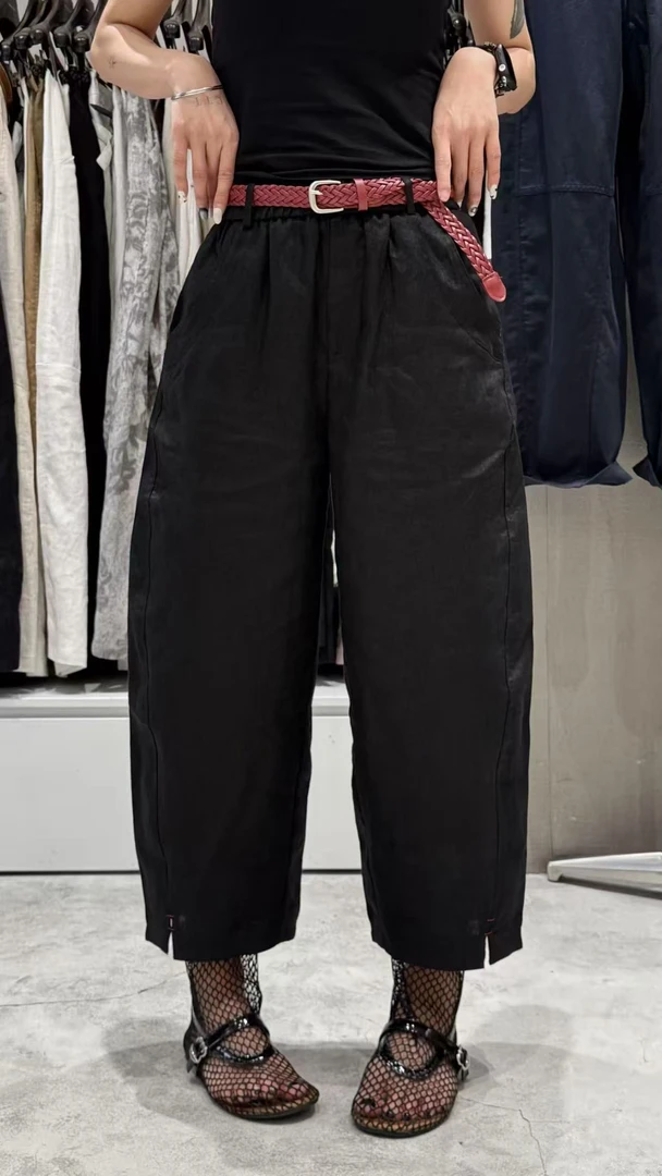 百搭九分松紧腰休闲亚麻裤1096