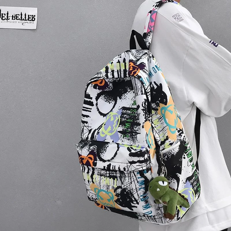 双肩包男士ins潮酷个性涂鸦背包男日系高中学生书包男大黄色书包