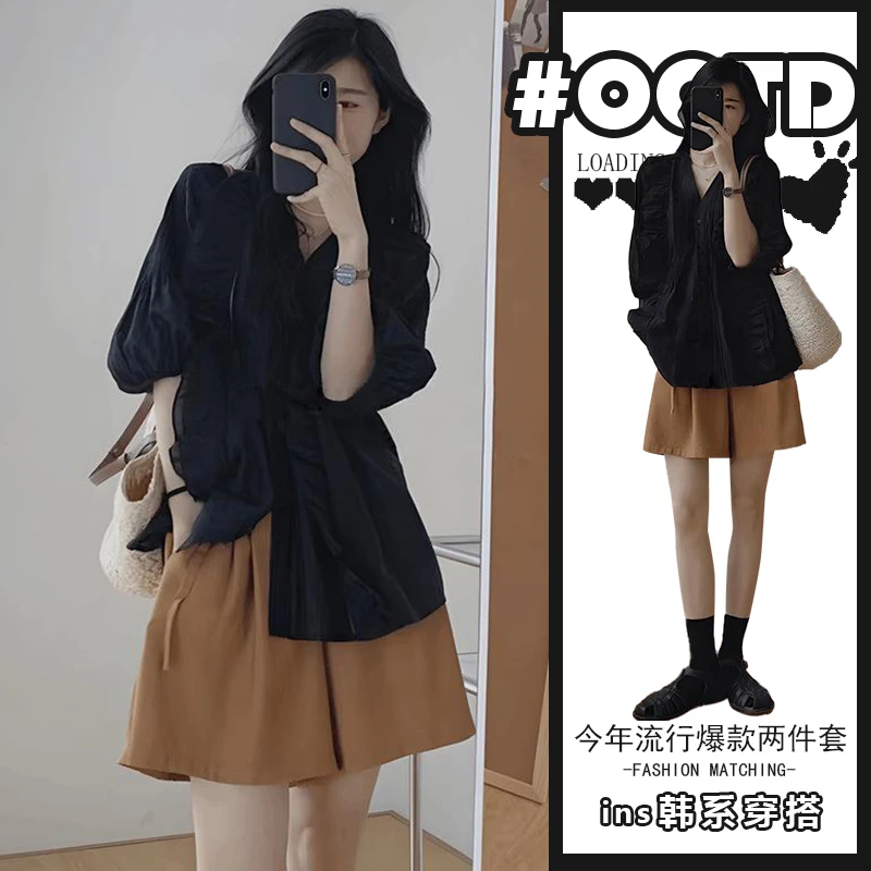 港味炸街休闲套装女夏季穿搭一整套女装灯笼袖衬衫阔腿短裤两件套