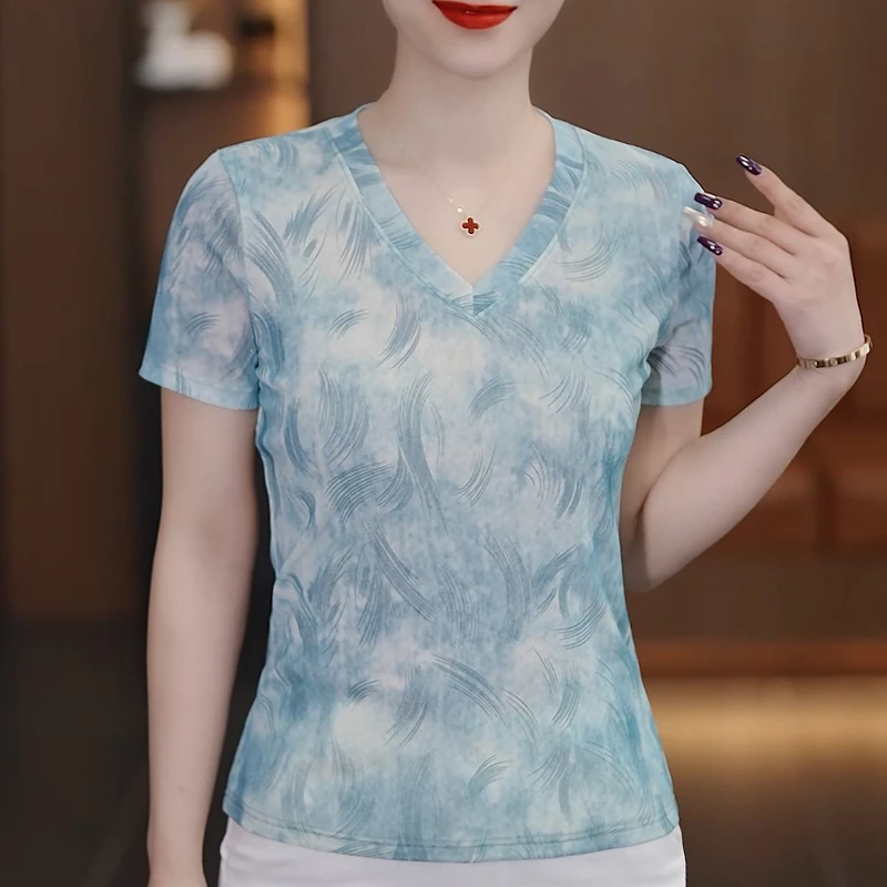 夏季冰感网纱印花小衫女T恤洋气V领气质修身弹力短袖女上衣