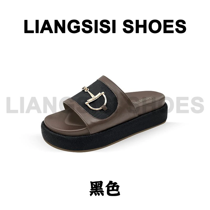 梁思思SHOES新款金属字母高级感厚底拼接一字拖-HT715