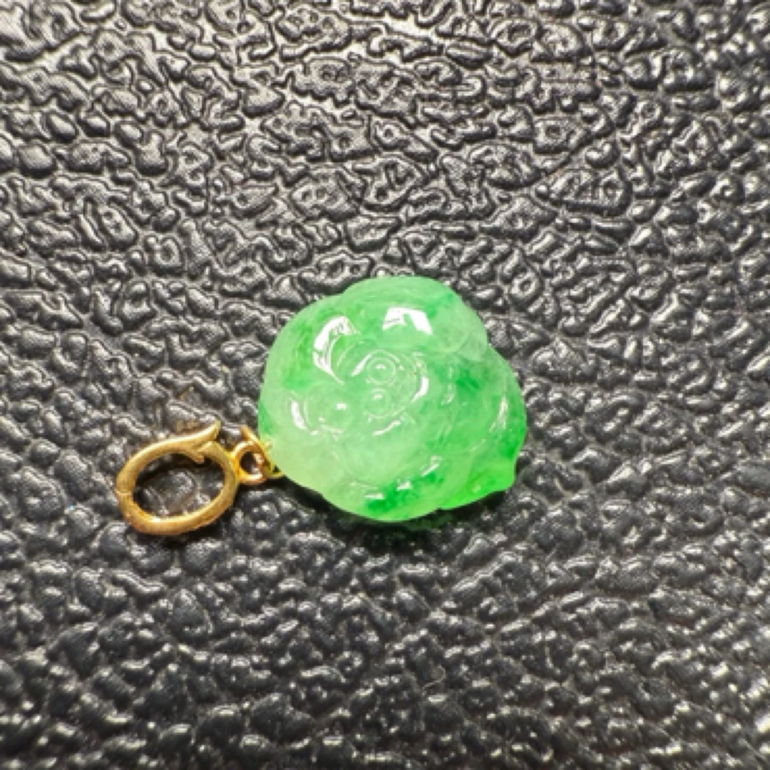 天然缅甸翡翠A货冰飘阳绿18K镶嵌单珠荷花10.9mm-9.9mm-4.3mm