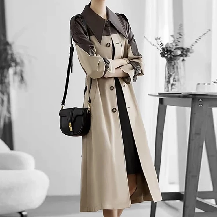 975香港奢华大牌风衣女装秋冬新款高质感拼接单排扣过膝长款外套