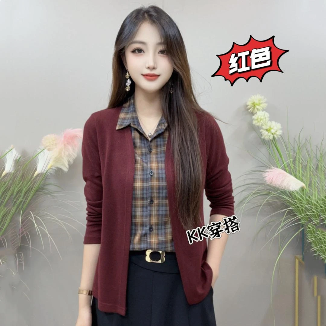 【KK】YLY8996秋季上新假两件纯色外搭经典格子内衬气质百搭衬衫