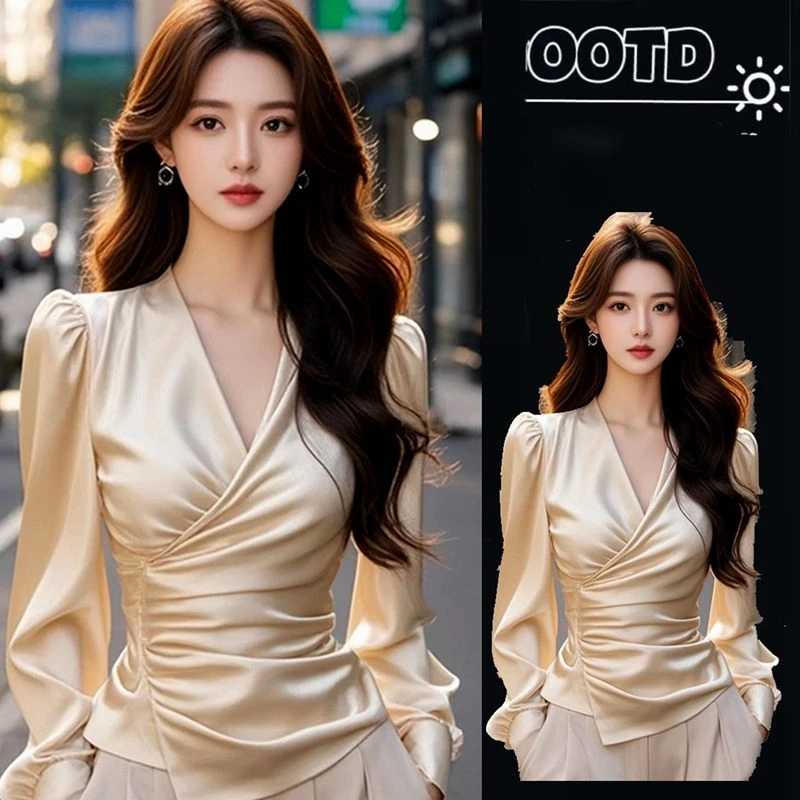 法式轻熟风v领交叉缎面长袖衬衫女设计感超好看收腰绝美上衣女春