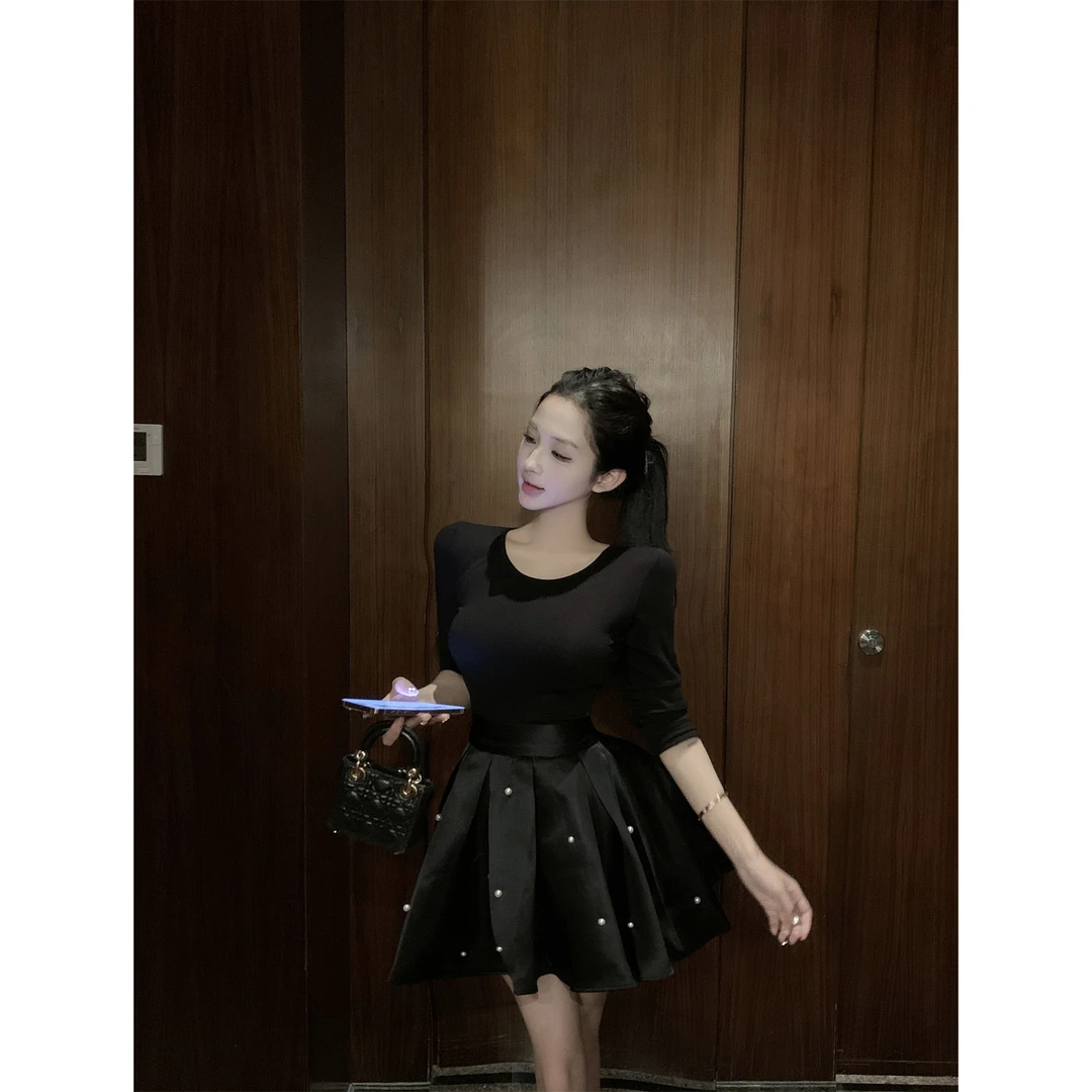 暗夜星语小香风套装女秋季新款气质显瘦收腰上衣高腰半身百褶短裙