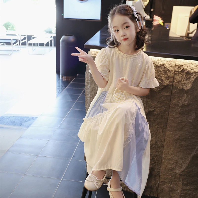 女童法式连衣裙2025夏季女孩长款拼色公主裙儿童小女孩超仙长裙子