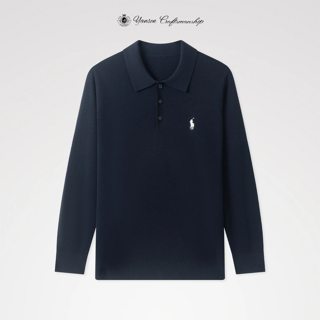 拉*伦 绵羊毛混纺 精工刺绣 简约 针织POLO领长袖毛衣 YSR2711