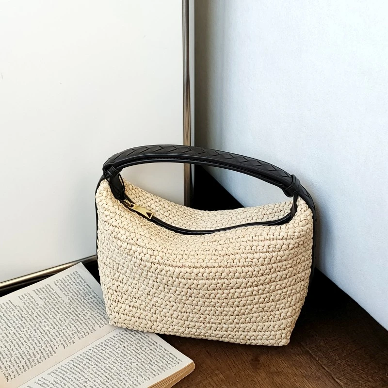 95新 BOTTEGA VENETA/葆蝶家 Azul拉菲草编织拼皮饭盒手提包50279