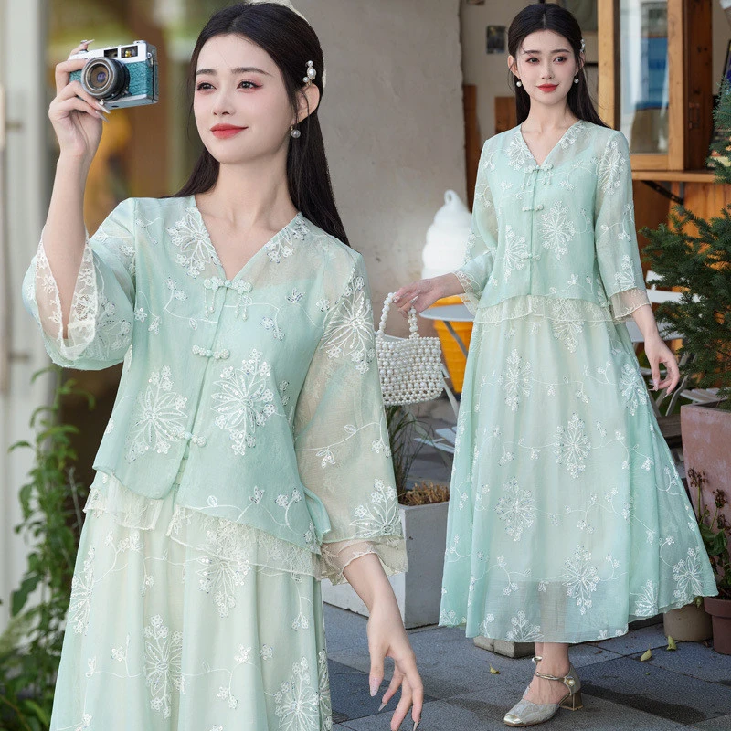 2025夏季新款复古新中式国风改良文艺盘扣刺绣薄款开衫上衣套装女