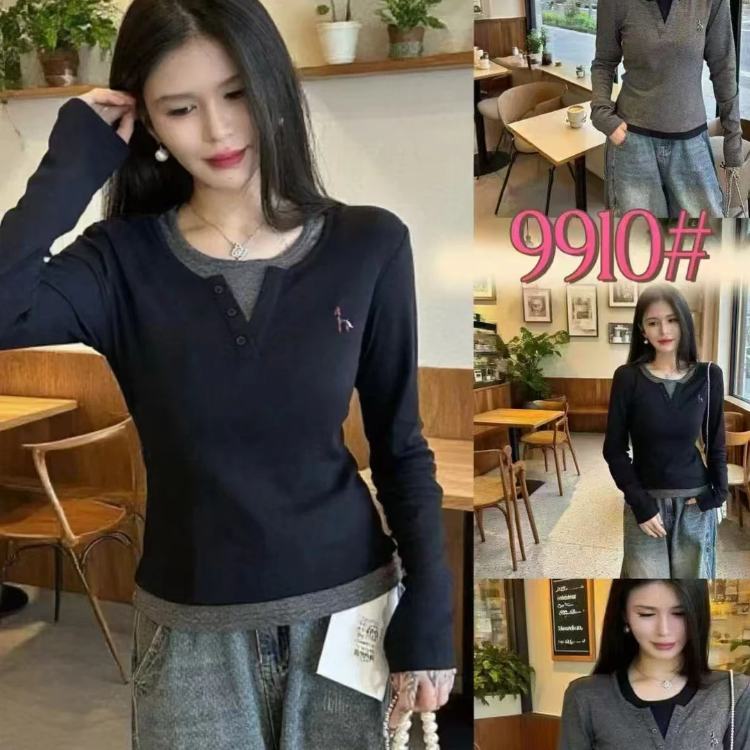 ［姑妈家］美式复古v领拼接假两件长袖T恤9910