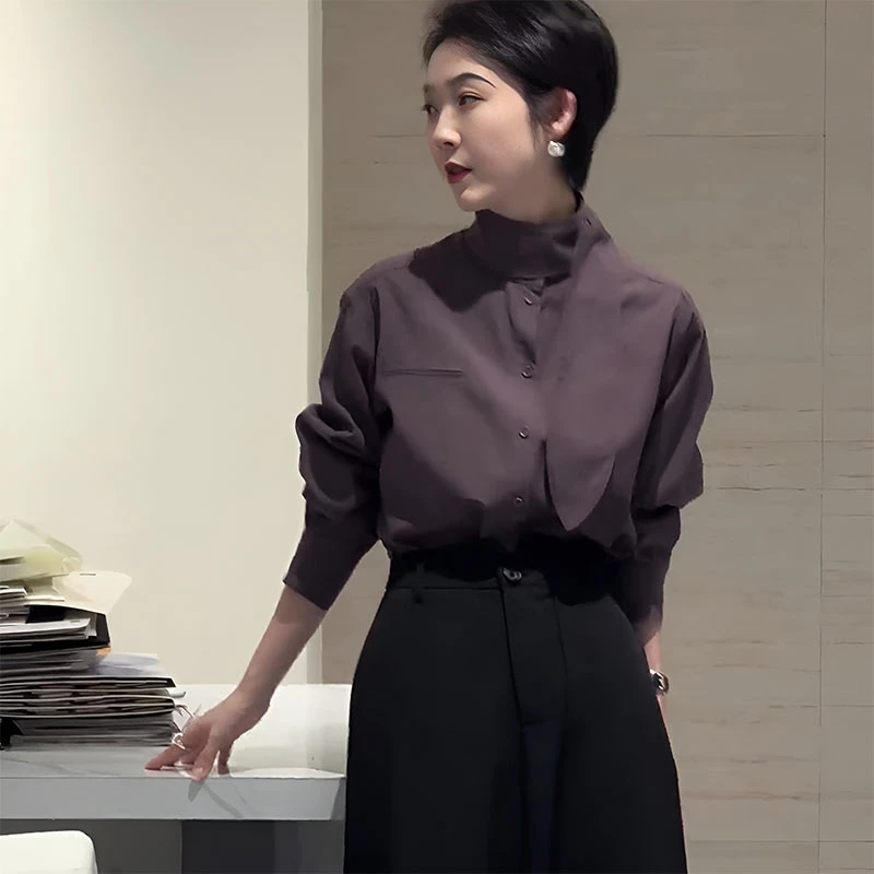 韩系气质高级感立领飘带显瘦衬衫女2025新款秋季休闲长袖小众上衣