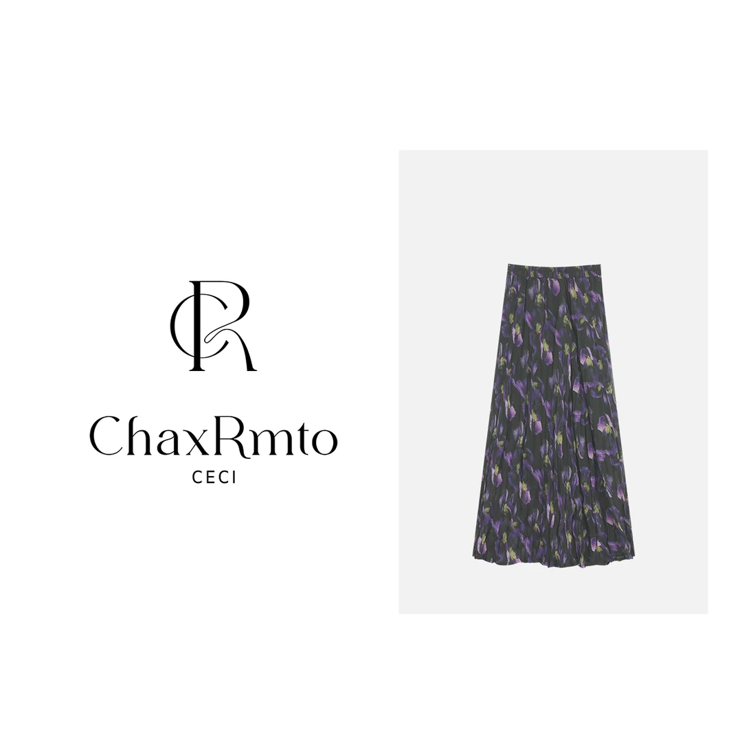 ChaxRmto斯斯 春夏褶皱麻感花纹松紧腰半身裙宽松A字裙 SD1A0542