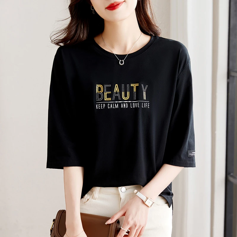 精梳棉圆领七分袖黑色t恤女夏2026新款洋气百搭中袖遮肉显瘦上衣