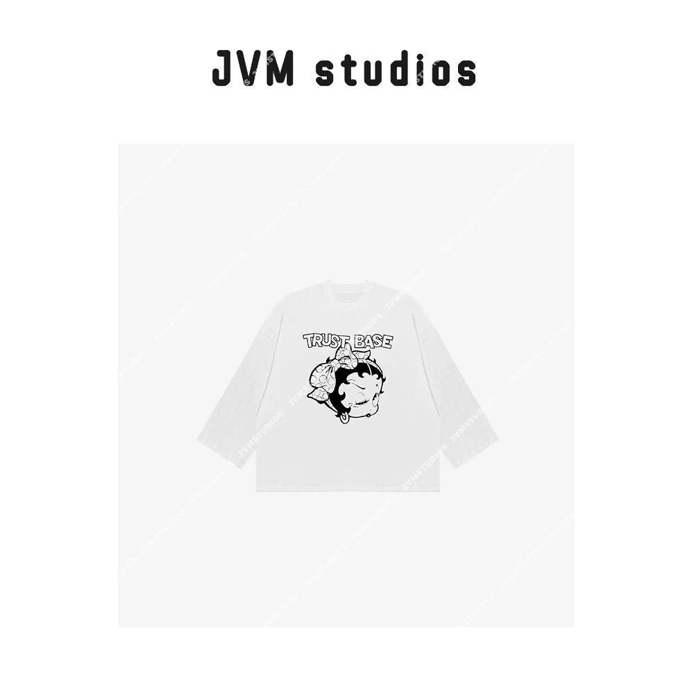 22159韩版百搭卡通印花圆领长袖打底拼接线纯色廊行上衣