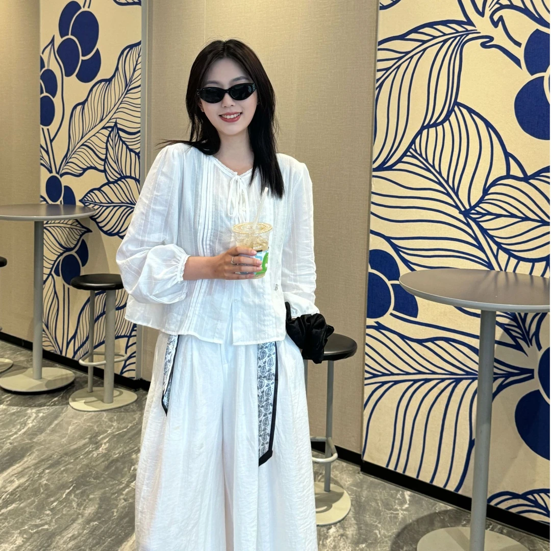 The Barnnet 八乃韩版夏季简约设计感气质蕾丝花边绑带衬衫上衣