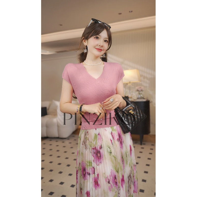 pinziko凉感针织~轻薄V领显瘦T恤女纯色弹力透气针织衫TJF113