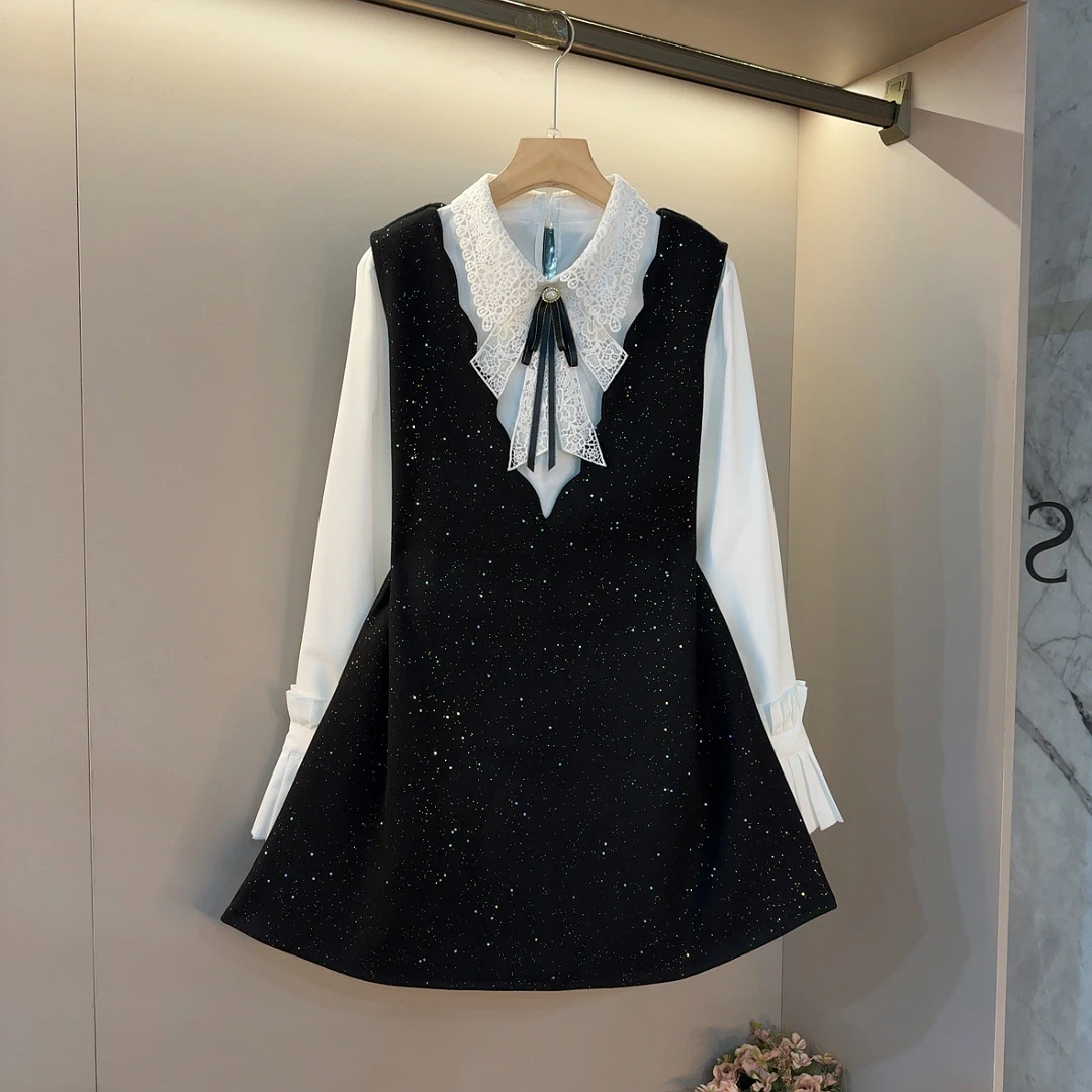 2024冬季新款减龄镂空翻领蝴蝶结打底衫马甲裙大码装两件套8290