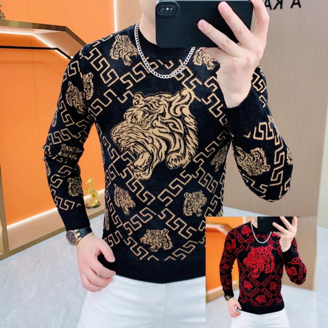 阿凯严选-欧货男装冬季新款潮流时尚针织摩卡绒个性老虎毛衣打底